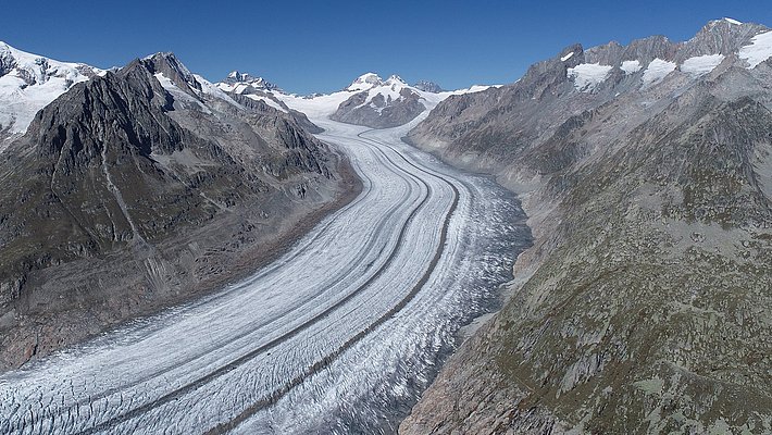Der Grosse Aletschgletscher ist mit ca. 20 km Länge derzeit der längste Gletscher der Europäischen Alpen. Foto: Lander Van Tricht (ETH Zurich / Vrije Universiteit Brussel).