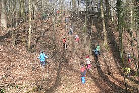 Kinder in bunter Kleidung klettern und spielen an einem Waldhang mit viel Laub am Boden.