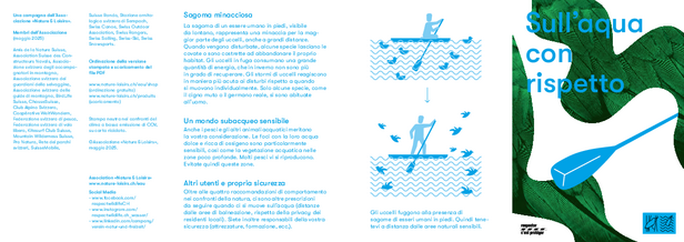 Schermata della campagna «Sull'acqua con rispetto» con quattro regole di comportamento per proteggere gli uccelli acquatici: tenersi a distanza da canneti, isole di ghiaia e banchi di sabbia, tenersi a distanza di sicurezza da assembramenti di uccelli, rispettare le aree protette.