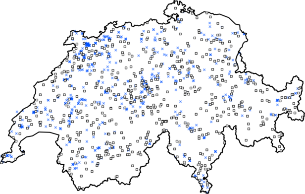 Red List sample plots (squares) and rare species confirmation missions (crosses)