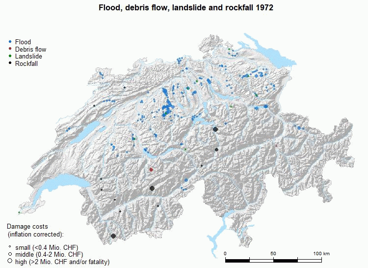 An animated graphic shows on a map of Switzerland for each year from 1972 to 2023 where and how high the damage costs caused by flooding, debris flows, landslides or rockfalls were.